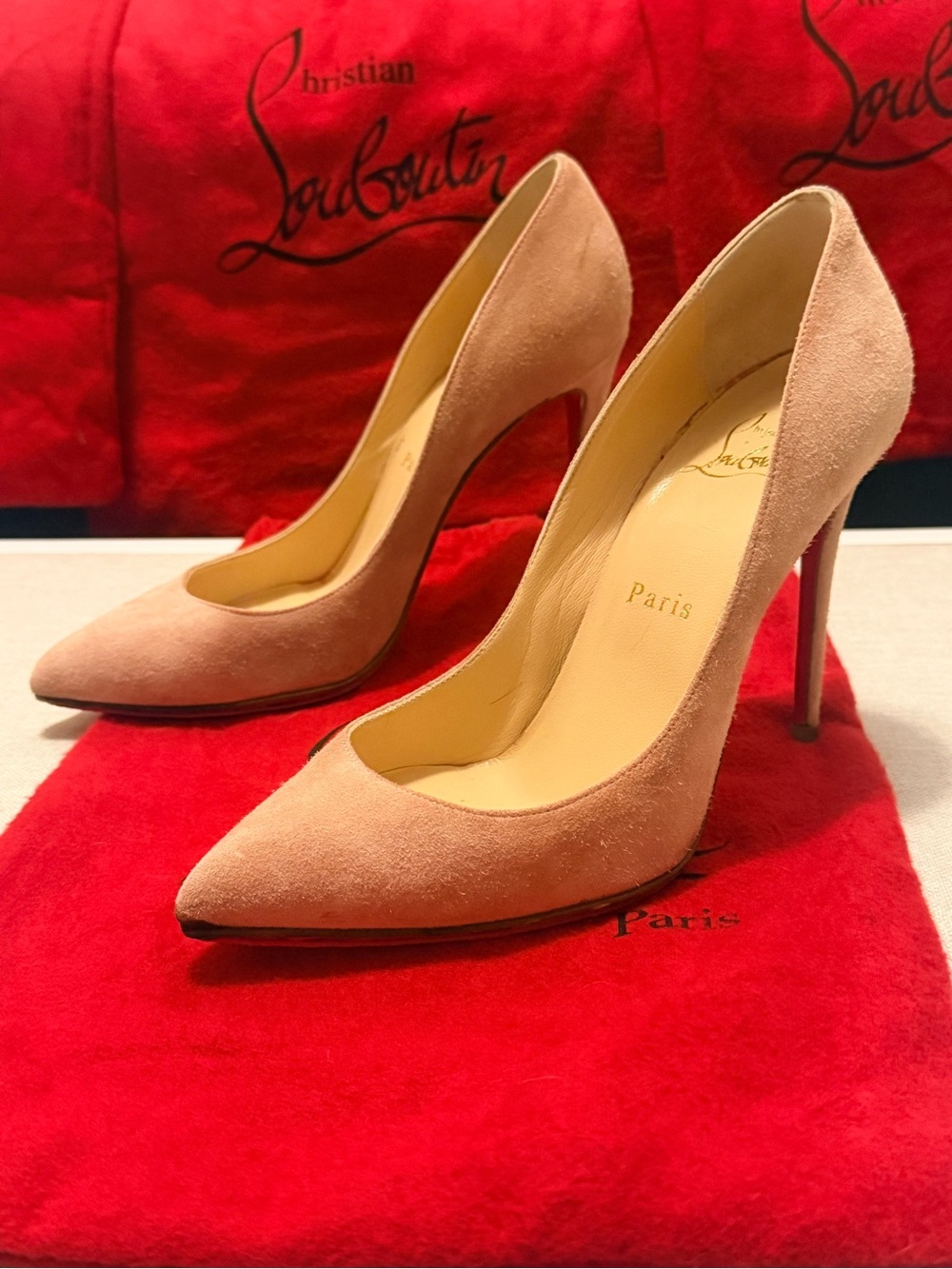 Christian Louboutin Blush Pink Suede Pointed-Toe Stiletto Pumps
